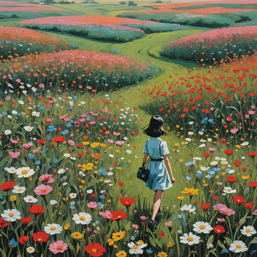 Girl in Flower Field: Digital Pop Art