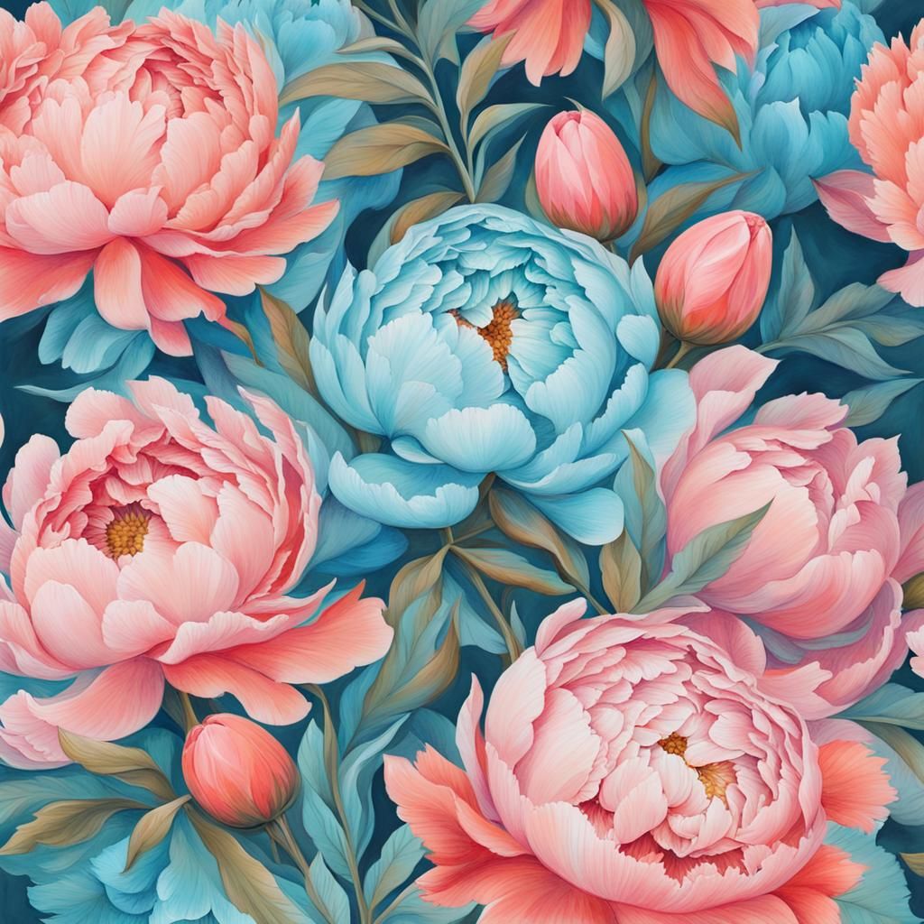 Peony Floral Pattern in Gouache Style