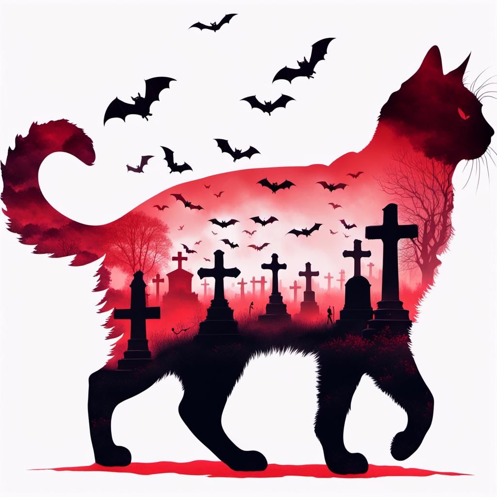 Graveyard Cats Double Exposure in Soft Crimson
