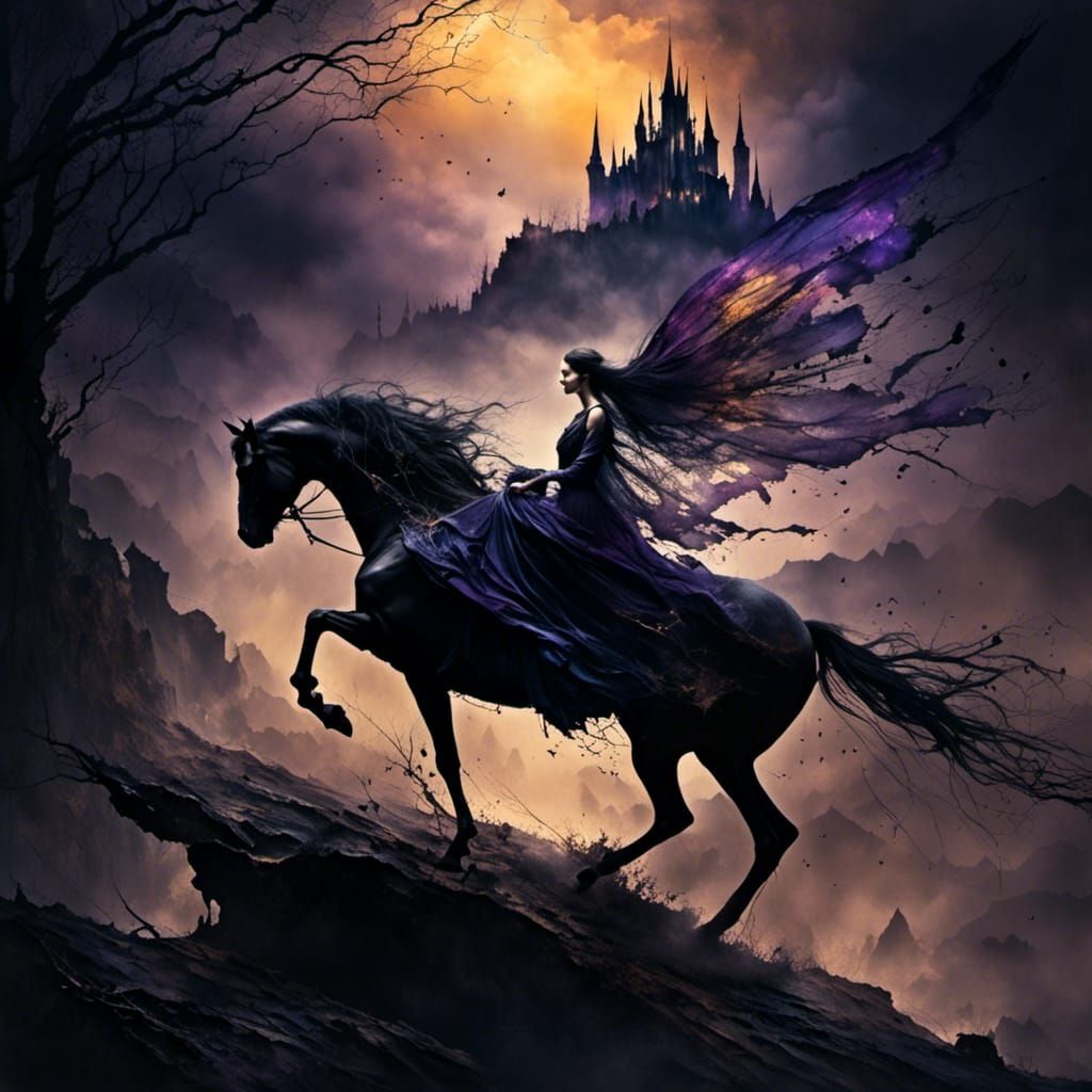 Dark Fairy on Horseback in Fantasy Landscape