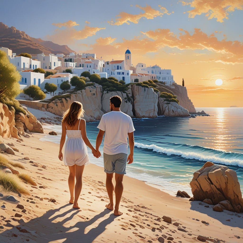 Romantic Beach Walk on Greek Island, Impressionistic Style