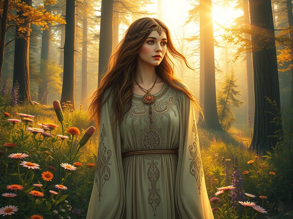 Mystical Woman in Forest at Equinox