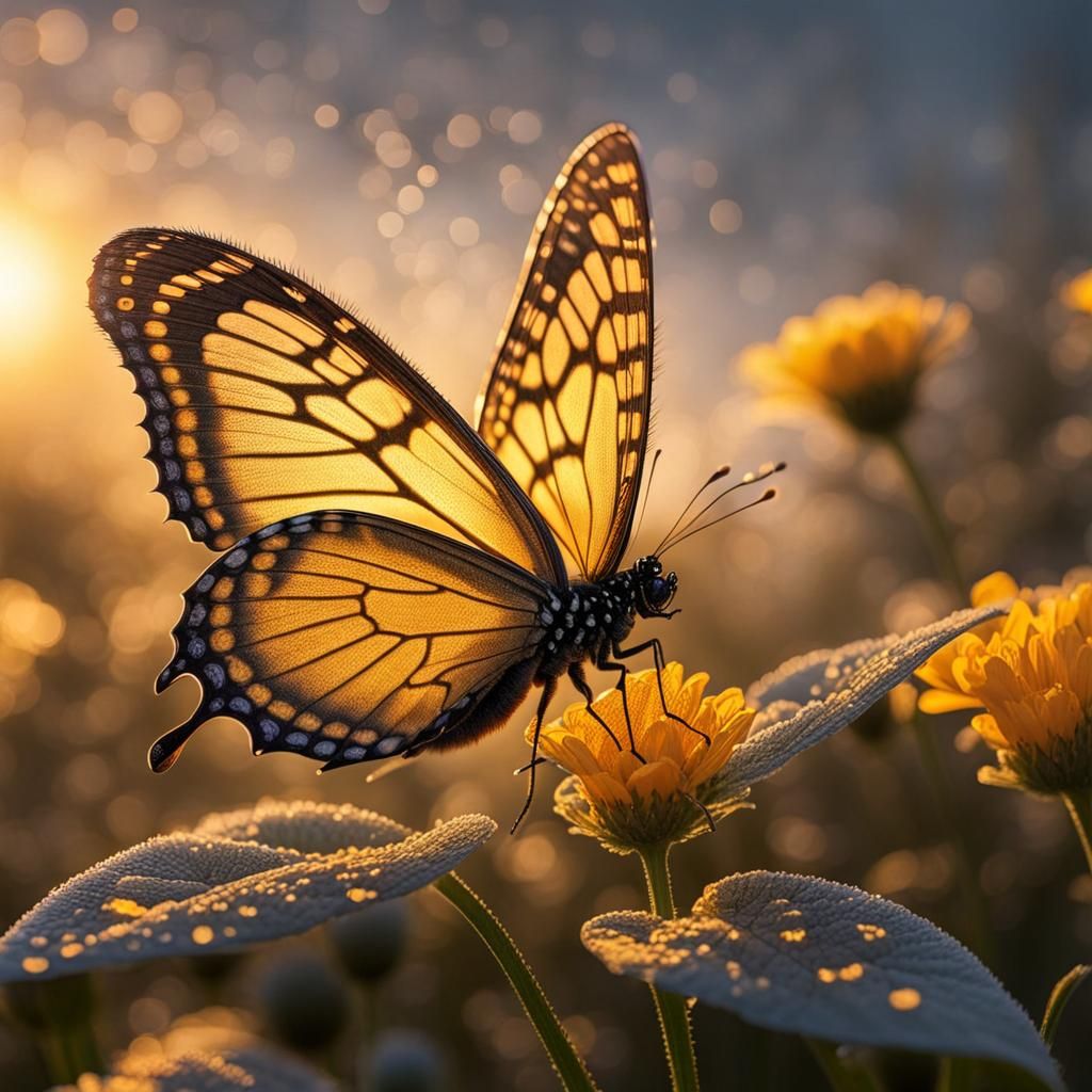 Bioluminescent Butterfly on Mutant Flower Ink Drawing