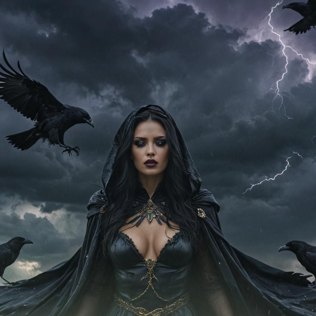 Dark Fantasy Goddess in Front of Stormy Sky