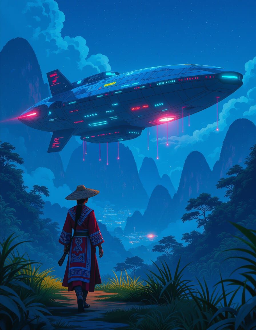 Imagine a Hmong explorer discovering an ancient, abandoned spaceship on a remote island during a summer night. The space...