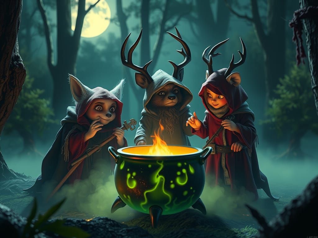 Ghostly Forest Creatures Gather Around Cauldron