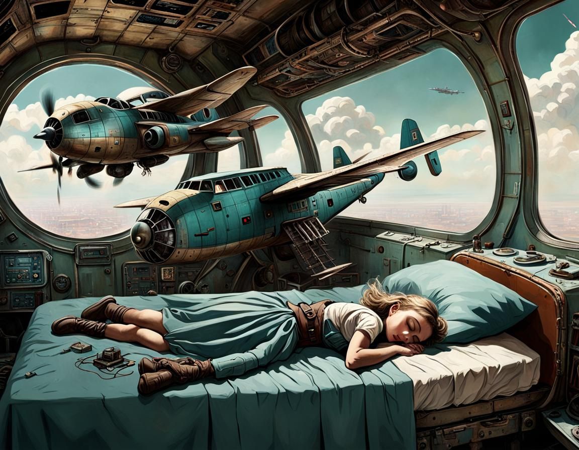 Warplane Flies Over Sleeping Girl in Retrofuturistic Apocaly...