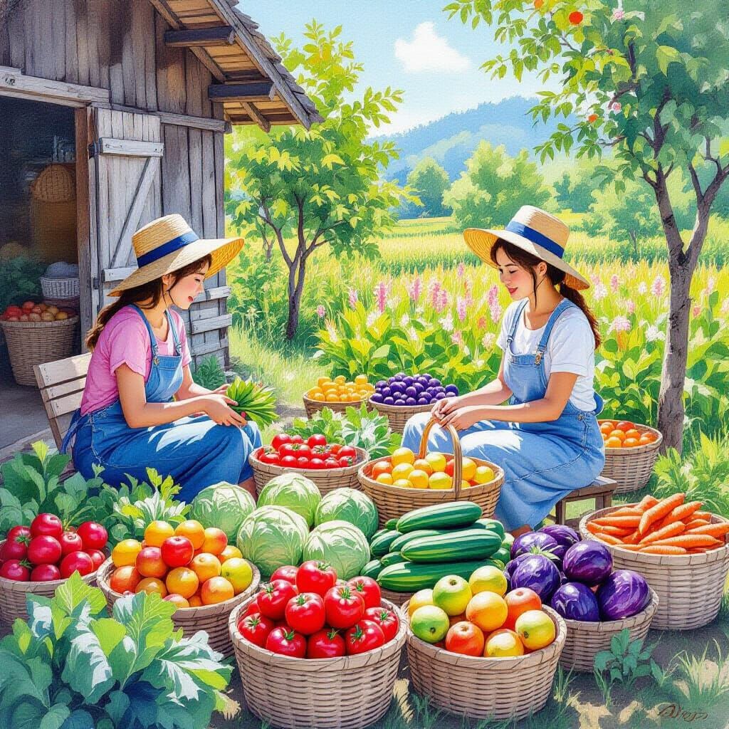 Gouache Painting of Farm Stand with Tourists