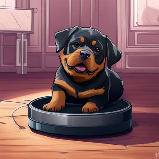Rottweiler Puppy Roomba Ride: Hyperdetailed Digital Portrait