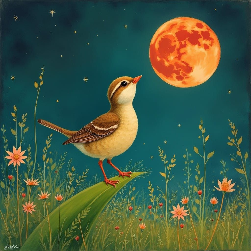 Whimsical Partridge Contemplates Crimson Moon in Verdant Mea...