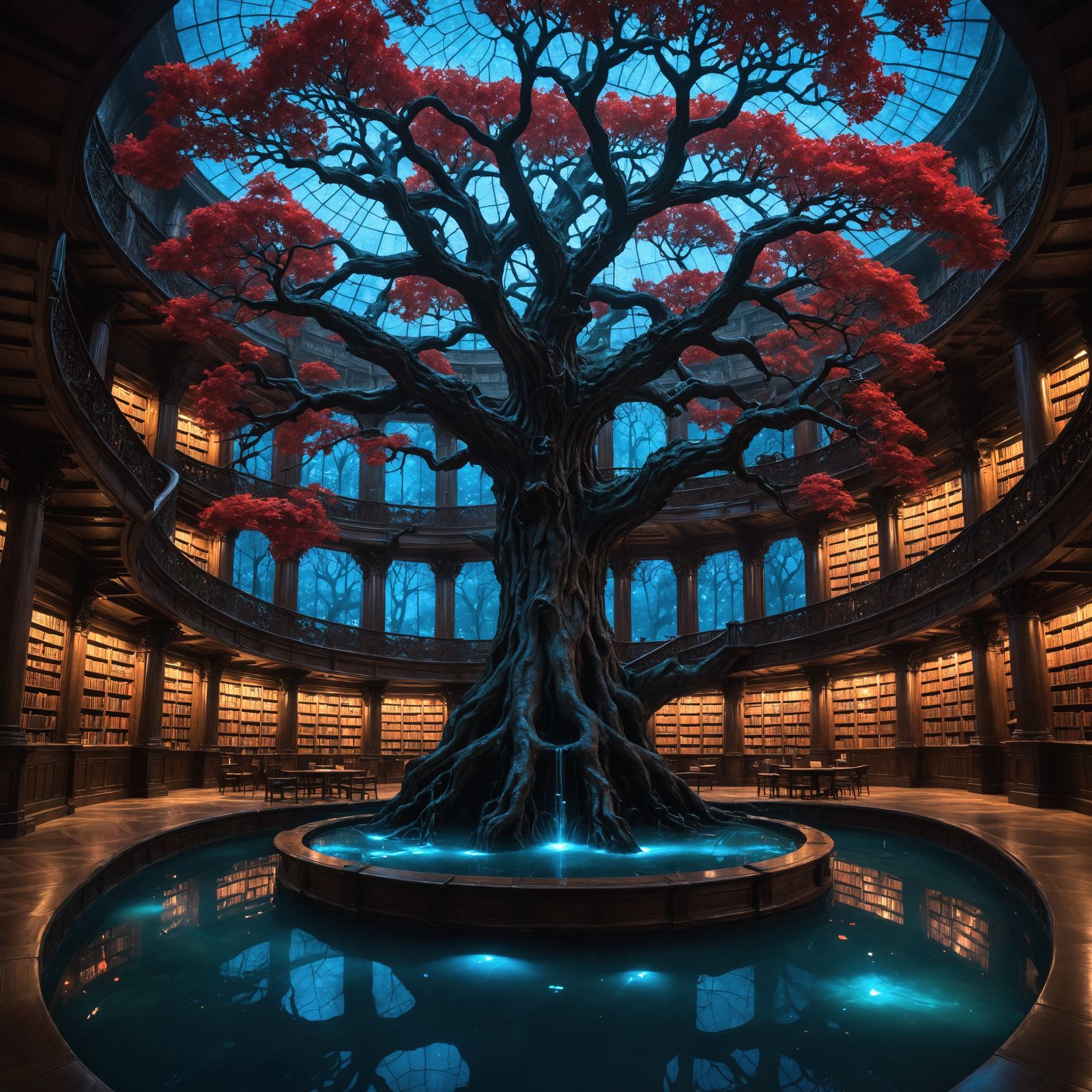 Grand Library with Central Tree and Water Platform