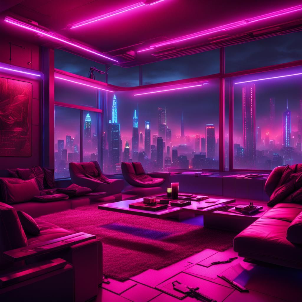 Cyberpunk Living Room with Neon Cityscape View