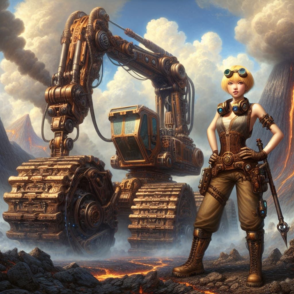 Steampunk Woman Triumphs Amidst Industrial Ruin