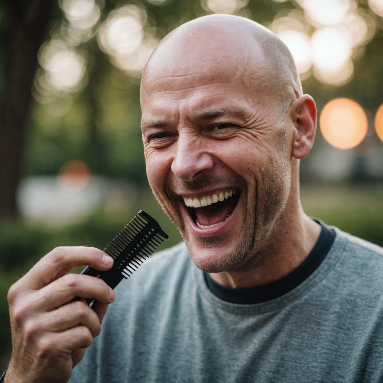 Humorous Portrait of Bald Man Mocking Comb