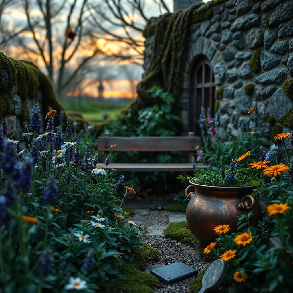 Apothecary Herb Garden at Twilight: Hyperrealistic Scene