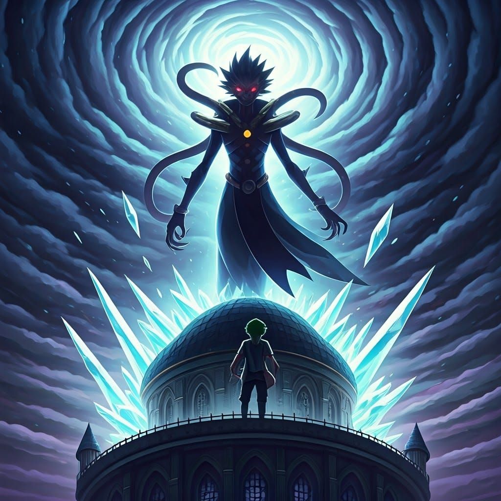 Mad Ghetsis Fuses with Arceus in a Dark, Gothic Landscape