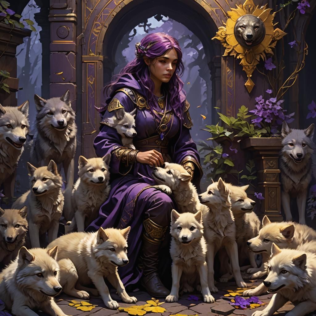 Girl with Wolf Puppies in Dark Fantasy Style