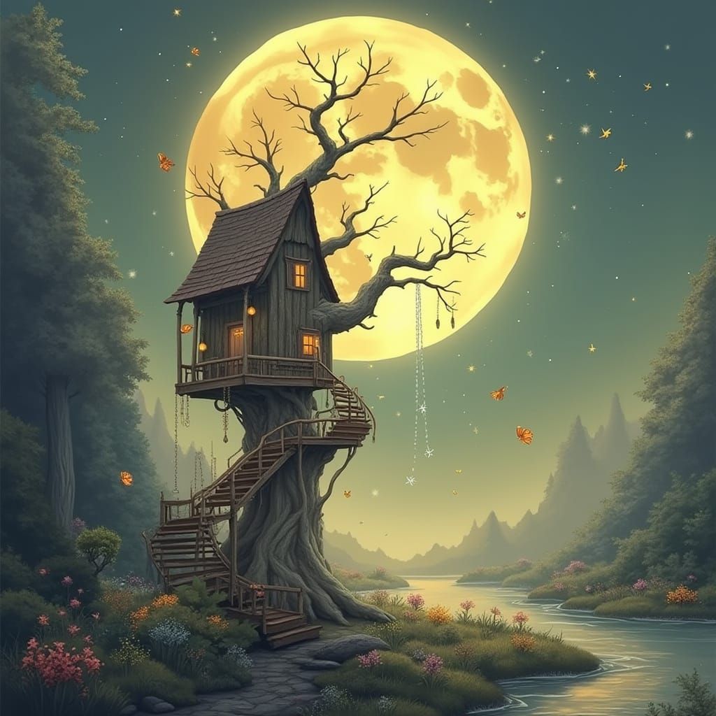 Enchanted Forest Treehouse in Watercolor Style