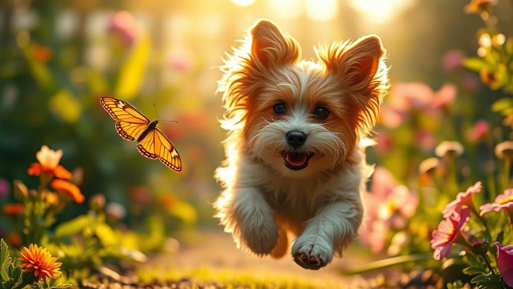 Brown and White Terrier Mix Chases Yellow Butterfly in Sun-D...