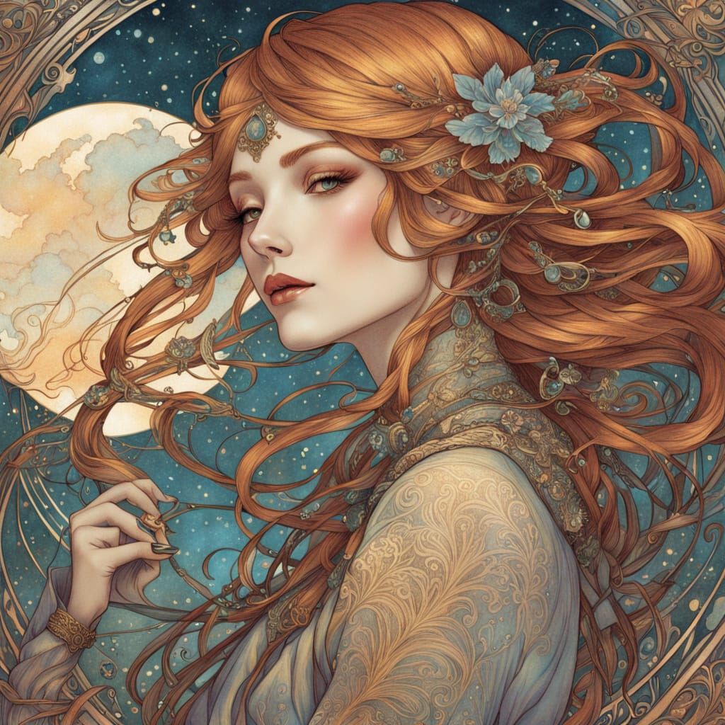 Ethereal Cowgirl Goddess with Red Braided Hair and Iridescen...