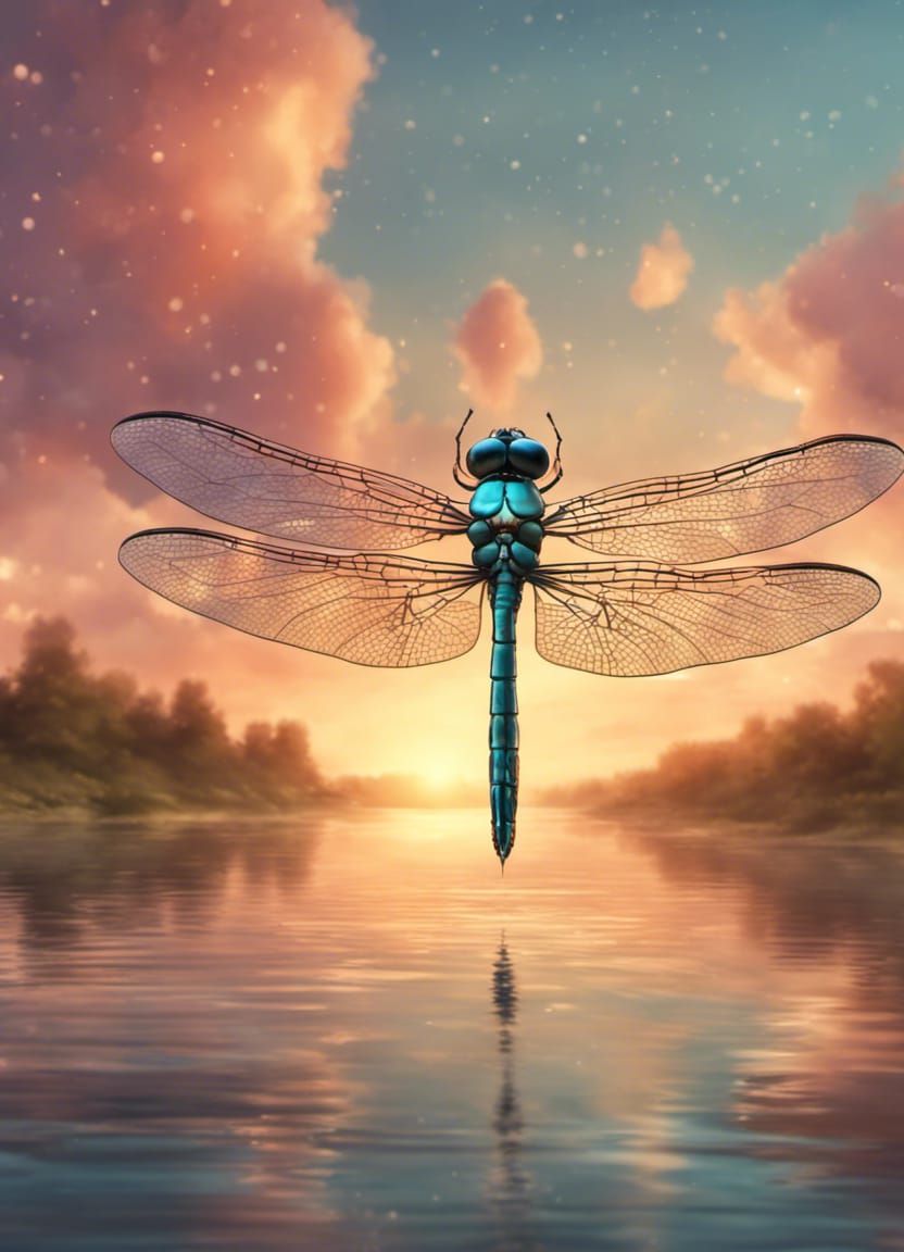 Magical Dragonfly Flying Over Lake at Sunset