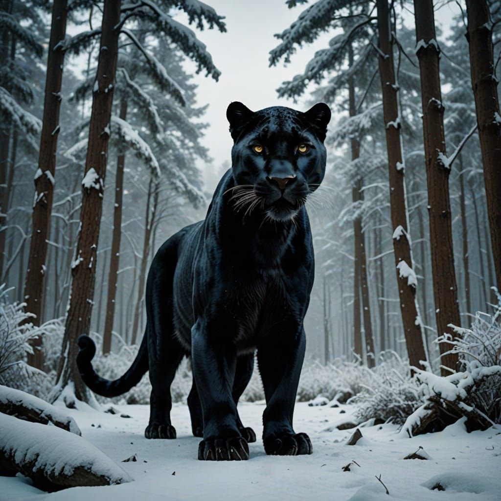 Majestic Black Panther in Frosty Winter Wonderland