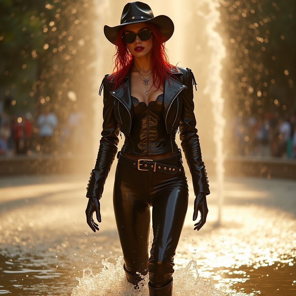 Glamorous Wet Cowboy Woman in Fountain