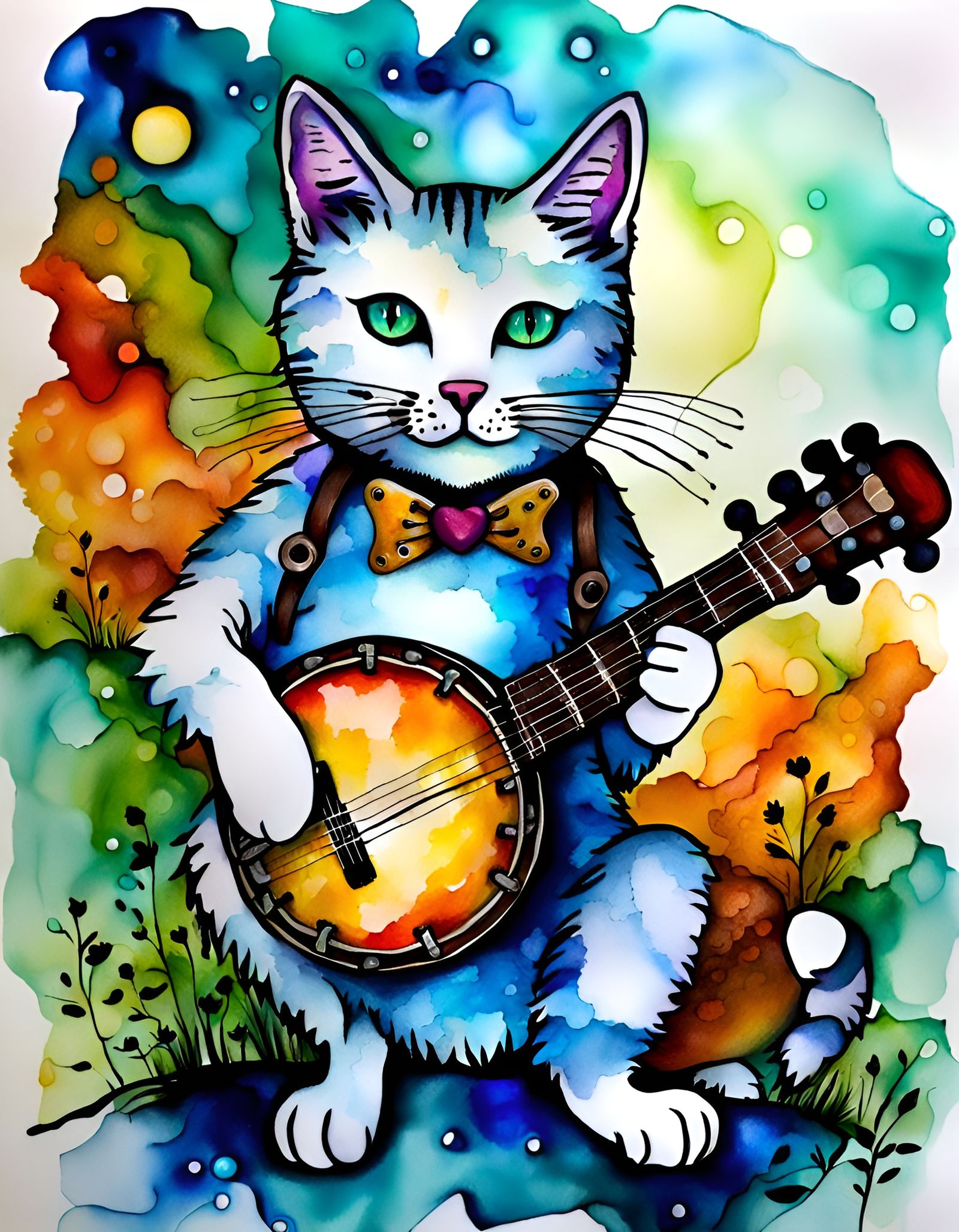 Cat Playing the Banjo in Alcohol Ink Style