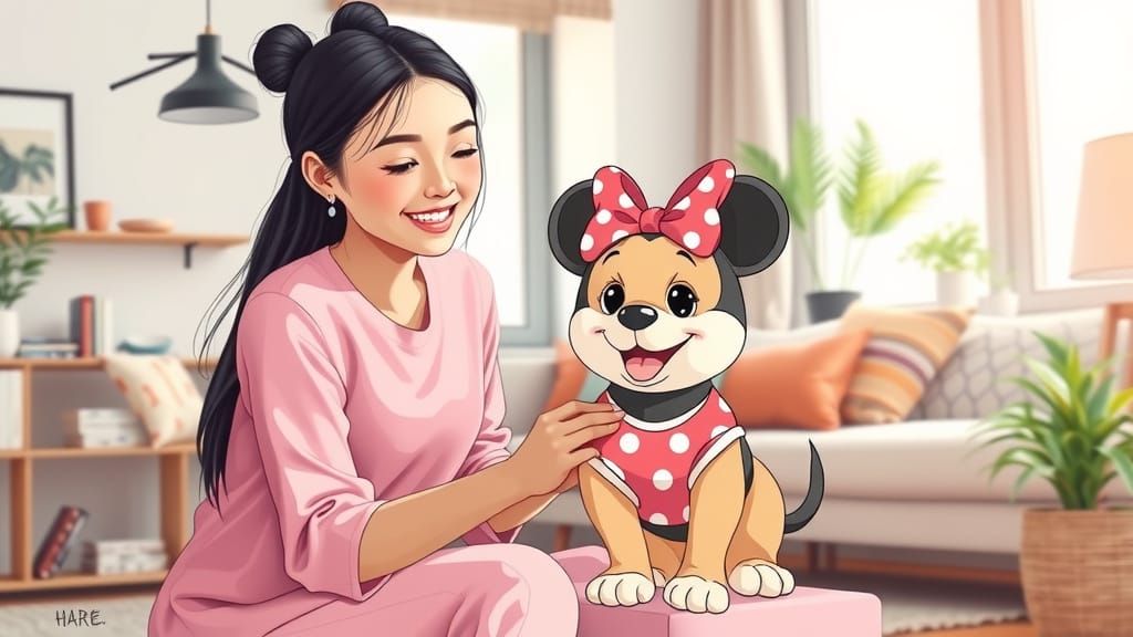 Lively Asian Woman Plays with Her Pink Minnie Pup in a Moder...