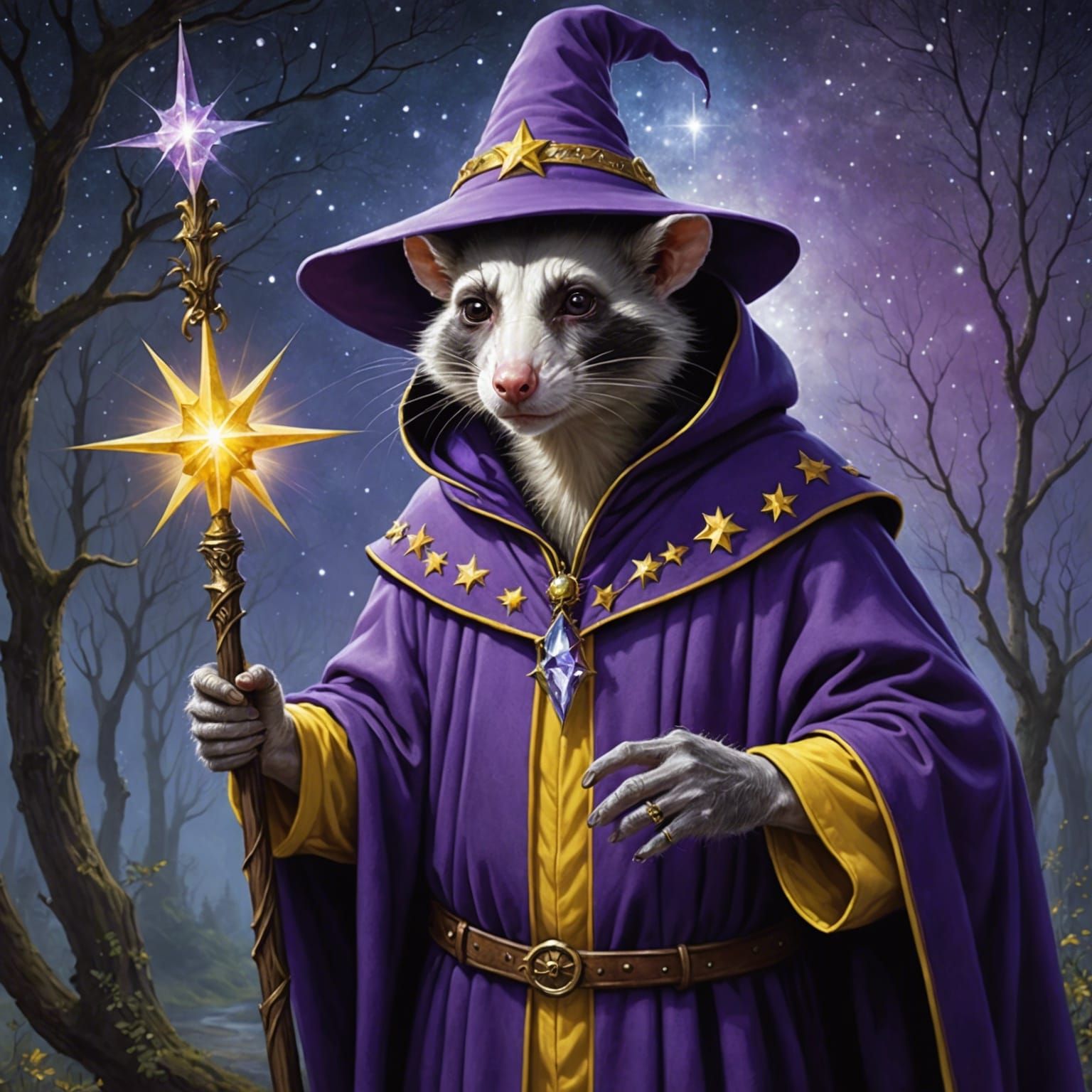 Opossum Wizard Portrait with Glowing Staff