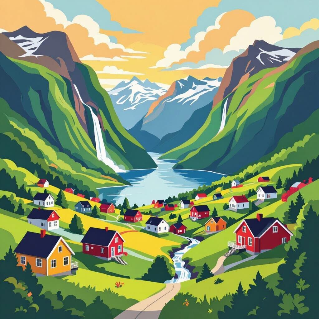 Vibrant Norway Summer Landscape in Whimsical Style