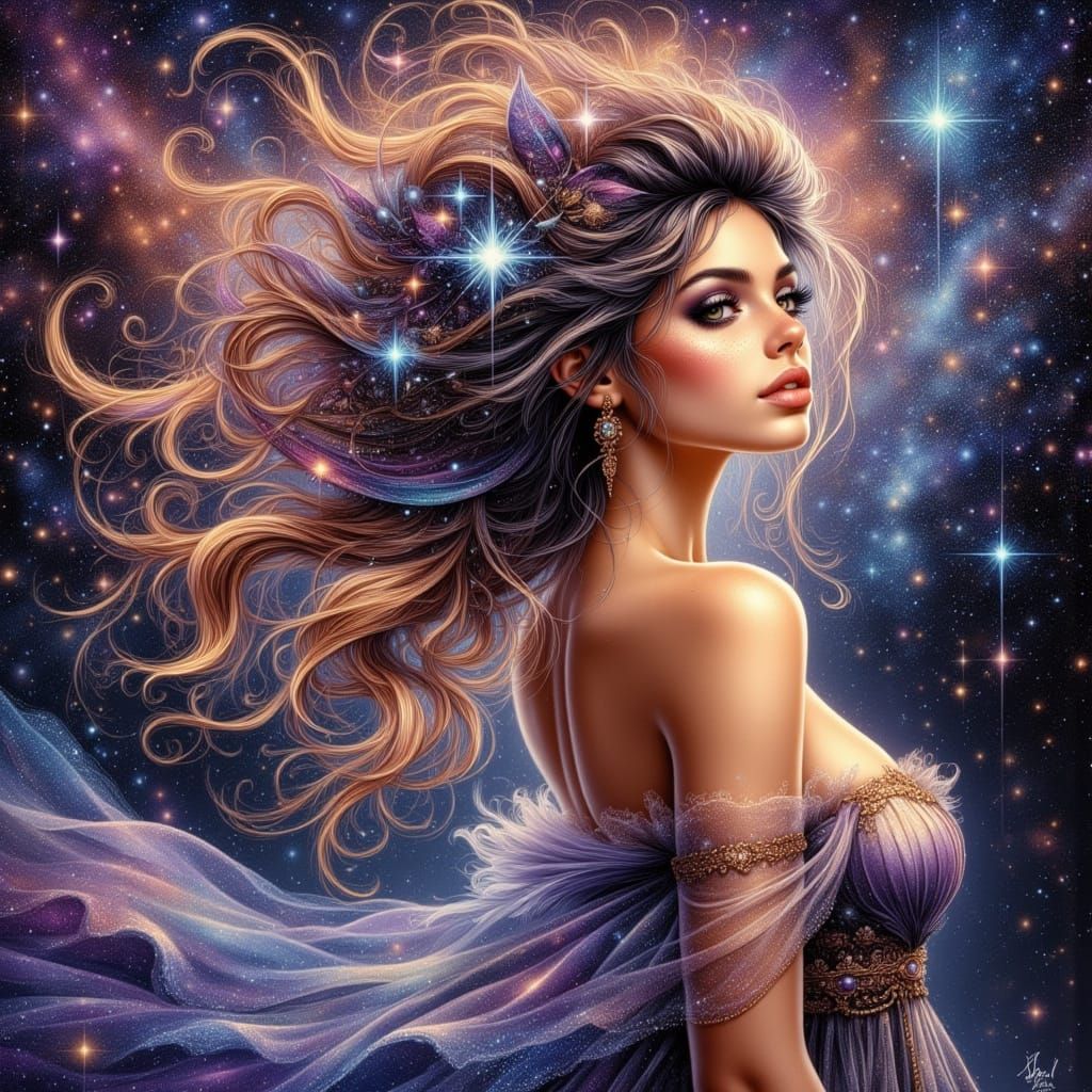 Glowing Cosmic Goddess in Starlight Gown