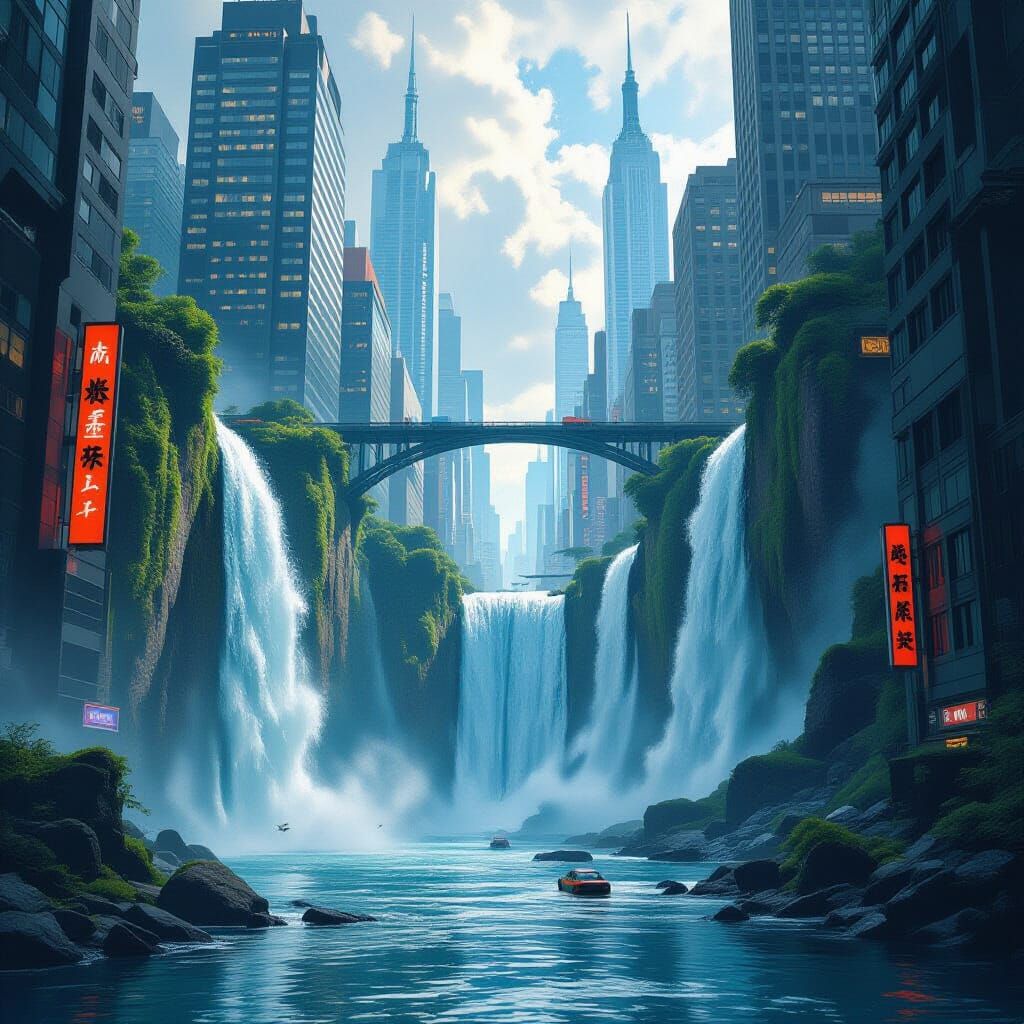 Urban Waterfalls: Nature Meets Futuristic Dystopia