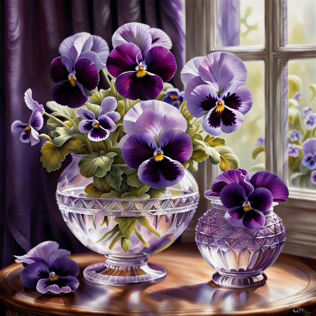 Purple Pansies and Violets Still Life, Hyperrealistic Waterc...