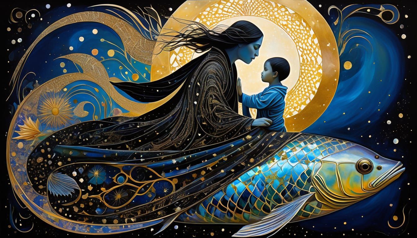 Ethereal Goddess and Son Ride Cosmic Rainbow Fish