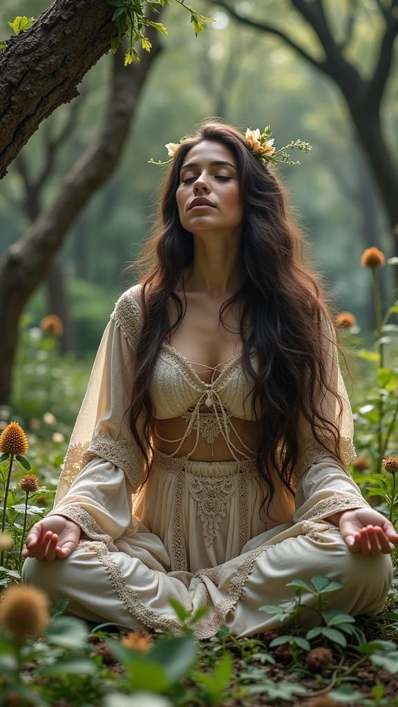 Meditating Woman in Mystical Meadow