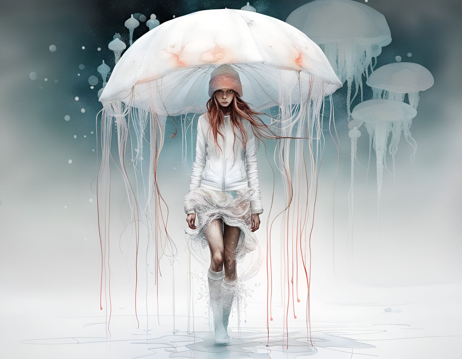 Snowy Coral Girl in White Universe