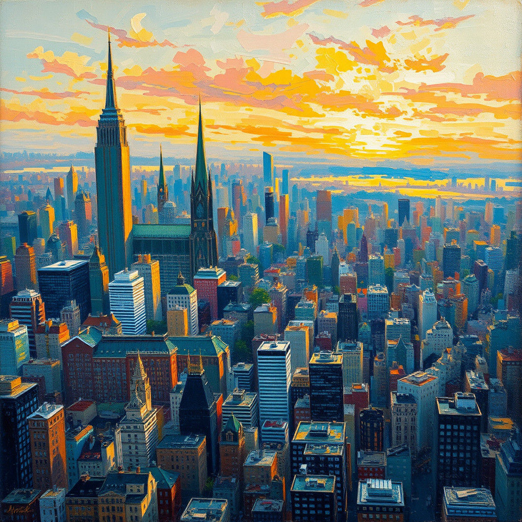 Metropolis Skyline in Impressionist and Expressionist Styles