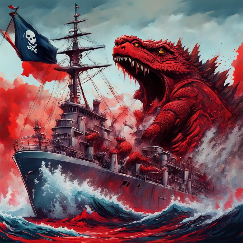 Godzilla Eats Pirate Ship in Graffiti Art Style