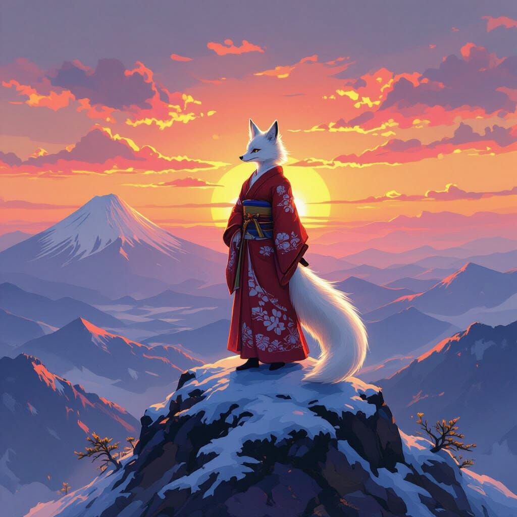 Kitsune Fox Sunset Landscape in Impressionistic Style