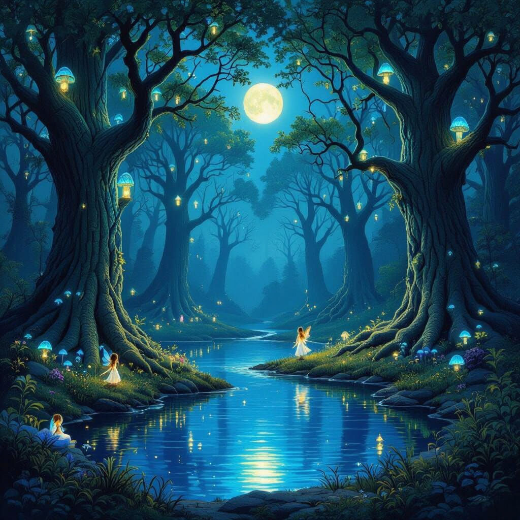 Enchanted Forest with Bioluminescent Mushrooms and Fairies