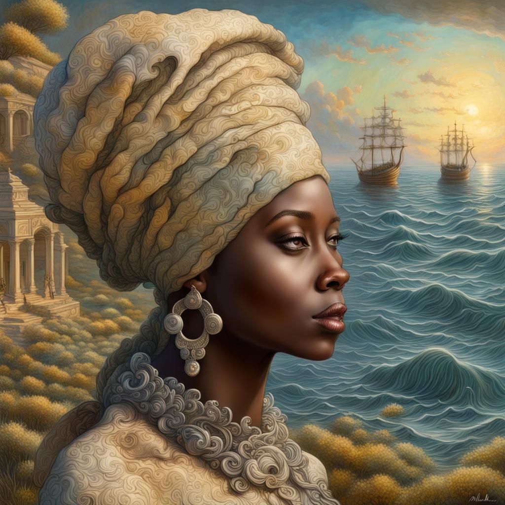 African Lady Depicting Spring in Fantastical Seascape