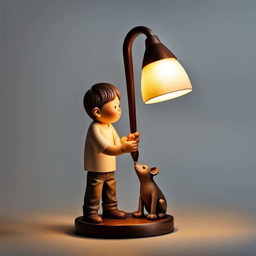 Boy with Hand Lamp at Night