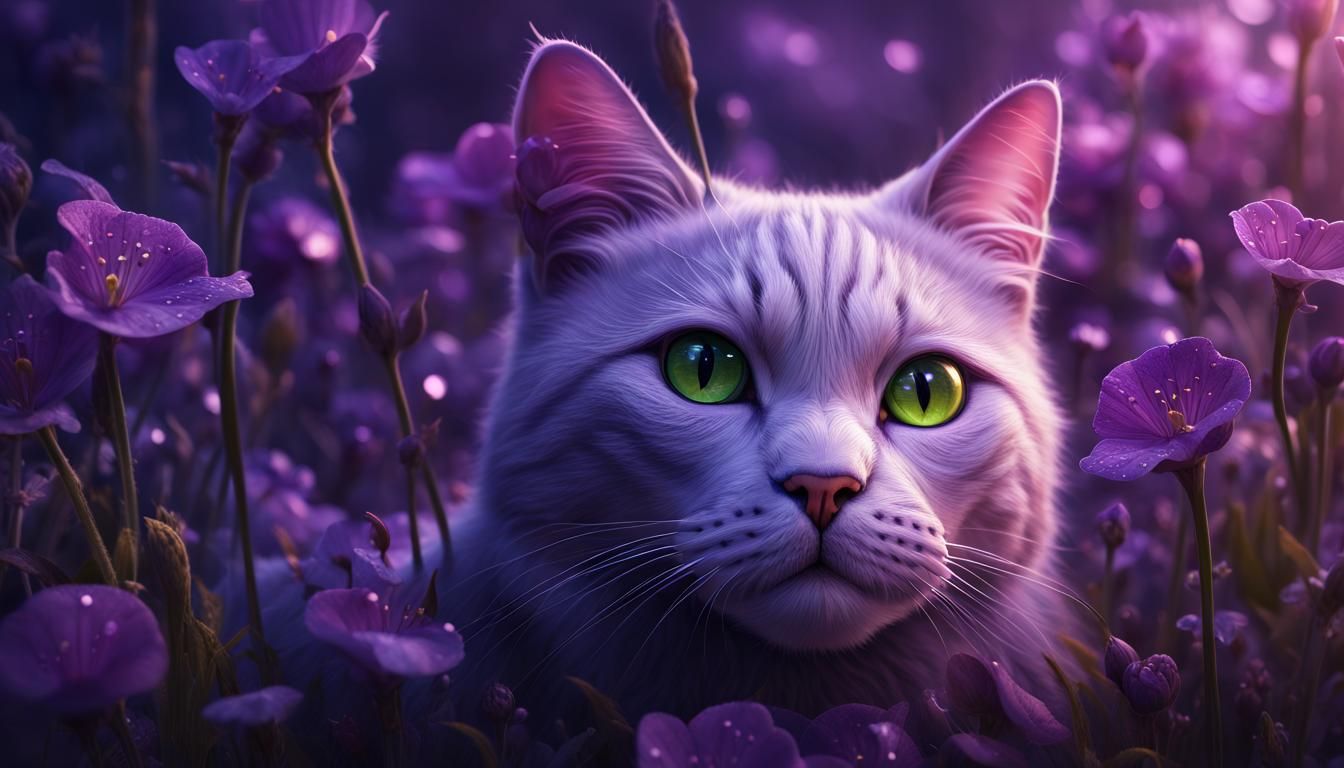 Dew Drop Cat in Violet Flower: Detailed Matte Painting