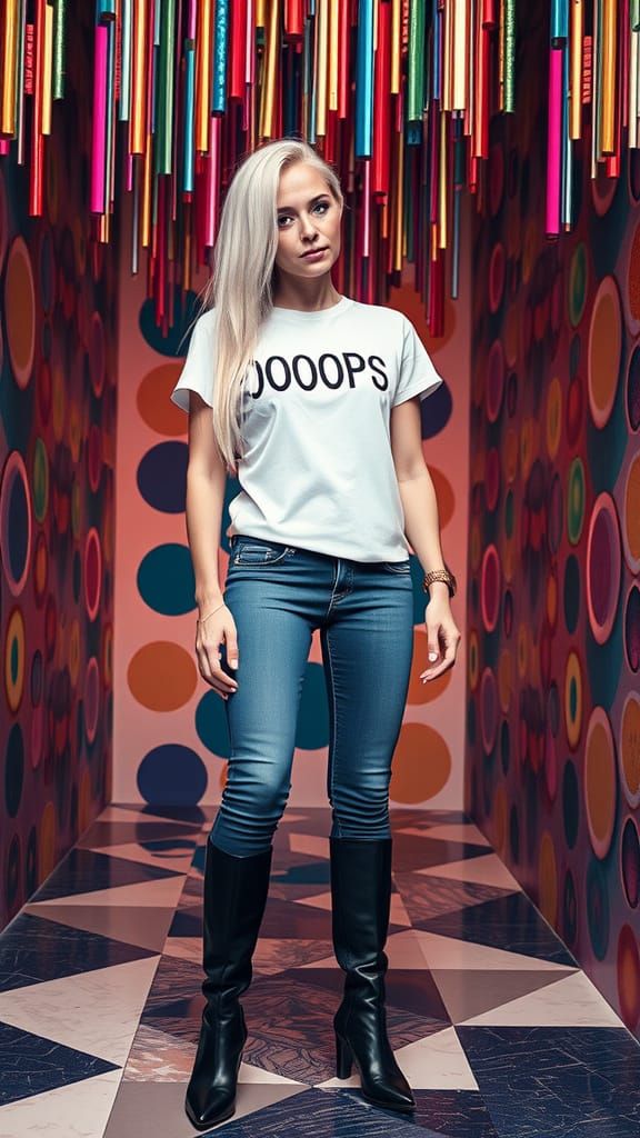 Woman in Kaleidoscopic Room Wearing 'OOOPS' T-Shirt