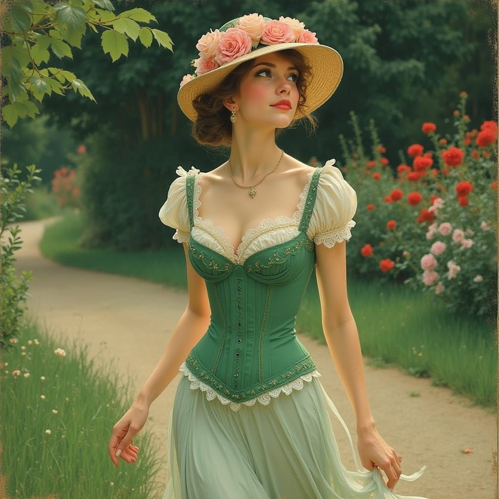 Elegant Woman in Garden, Art Nouveau Impressionism