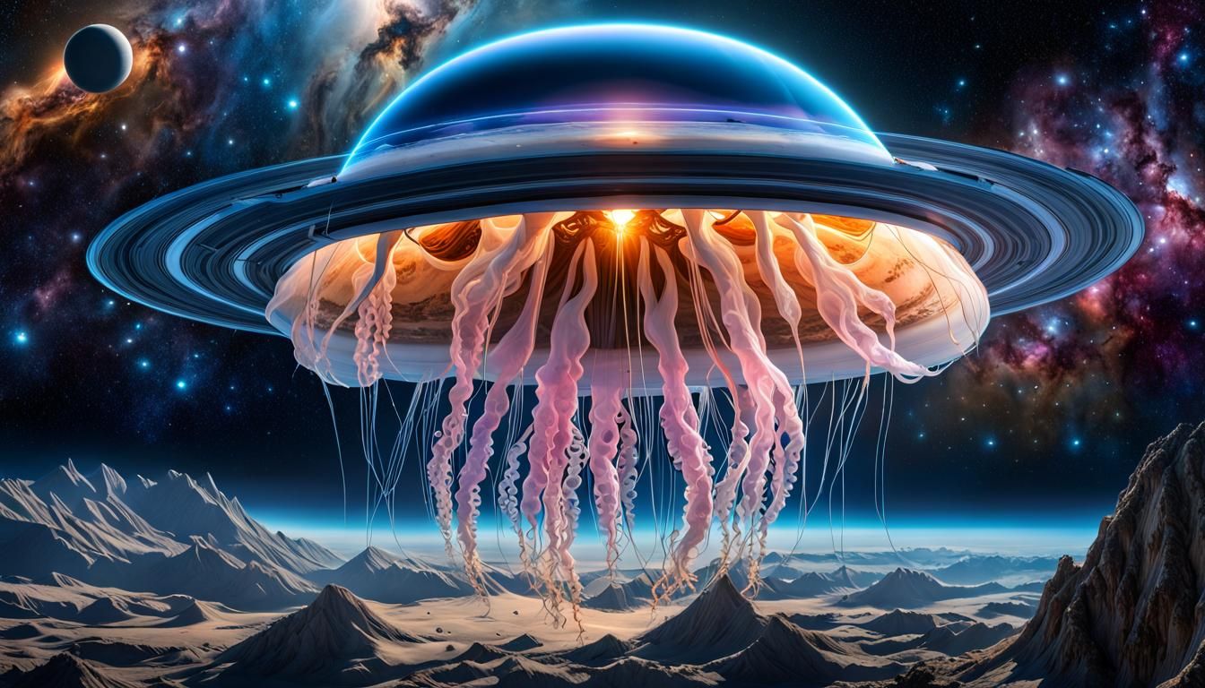 Surreal Cosmic Jellyfish Orbiting Saturn in Photorealistic D...