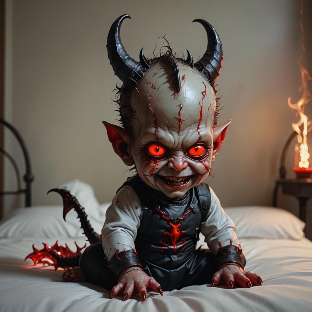 Hyperrealistic Devil Baby with Pitchfork and Glowing Eyes