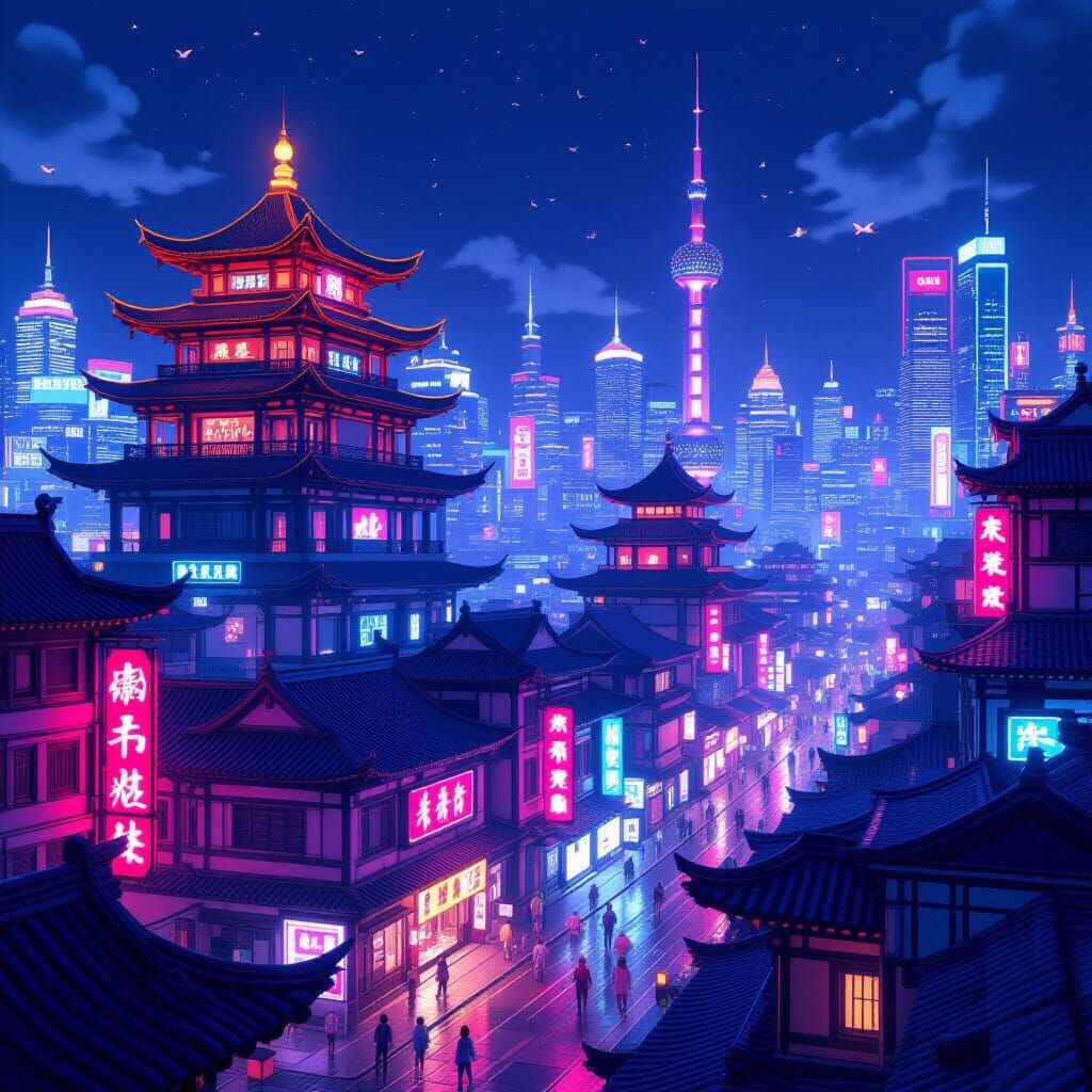 Vibrant Anime China Cityscape in 3D Rendering