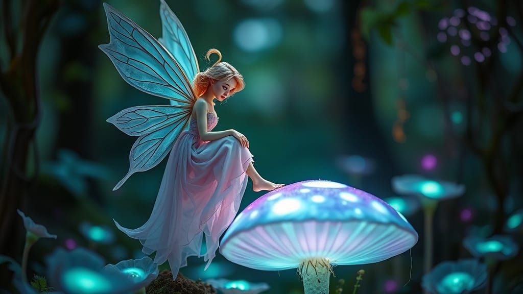 Enchanted Forest Fairy on Mushroom, Fantasy Art
